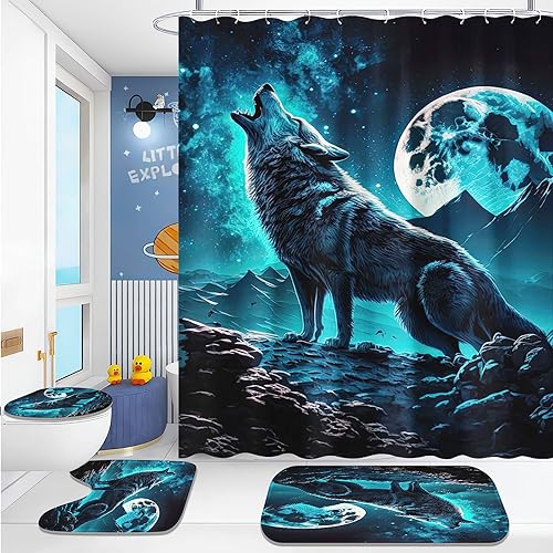 KARPIX 4-teiliges Wolf Duschvorhang-Sets Waldmond Duschvorhang 180x200 Wald Mond Wolf Wasserdicht Polyester Stoff Bad Vorhäng mit 12 Haken (4,180x180cm) von KARPIX