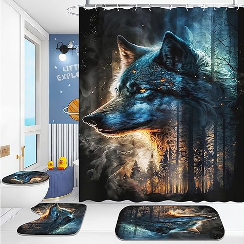 KARPIX 4-teiliges Wolf Duschvorhang-Sets Waldmond Duschvorhang 180x200 Wald Mond Wolf Wasserdicht Polyester Stoff Bad Vorhäng mit 12 Haken (6,180x200cm) von KARPIX