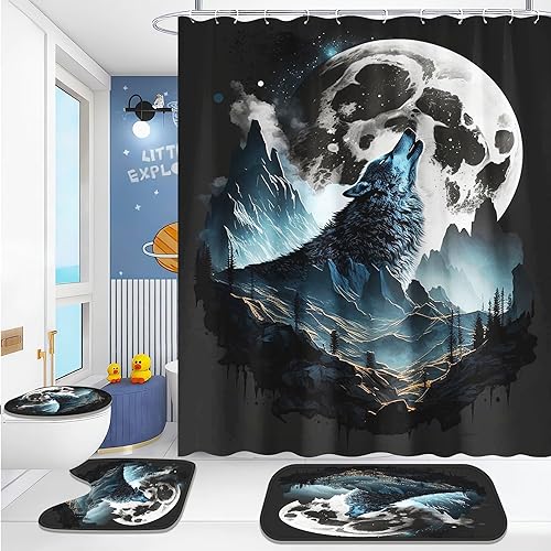 KARPIX 4-teiliges Wolf Duschvorhang-Sets Waldmond Duschvorhang 180x200 Wald Mond Wolf Wasserdicht Polyester Stoff Bad Vorhäng mit 12 Haken (8,180x180cm) von KARPIX