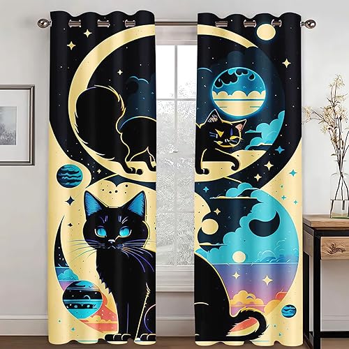 KARPIX Gardinen Blickdicht Katzen Fenstervorhang Anime Schwarze Katze Vorhänge Schwarz weiß Bedruckt Vorhang Für Kinderzimmer, 2 Panels (3,150x166cm(2x75x166cm)) von KARPIX