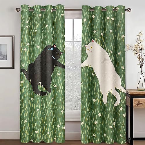 KARPIX Gardinen Blickdicht Katzen Fenstervorhang Anime Schwarze Katze Vorhänge Schwarz weiß Bedruckt Vorhang Für Kinderzimmer, 2 Panels (4,220x215cm(2x110x215cm)) von KARPIX