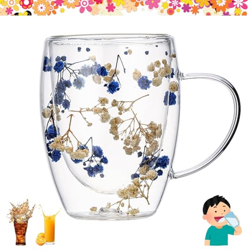 KARPIX Getrocknete Blumen Doppelwandige Tassen, Kaffeetassen Glas Doppelwandig mit Blumen, Kaffeetasse Mit Trockenblumen, Blumenbecher für Tee, Milch, heiße oder kalte Getränke (B) von KARPIX