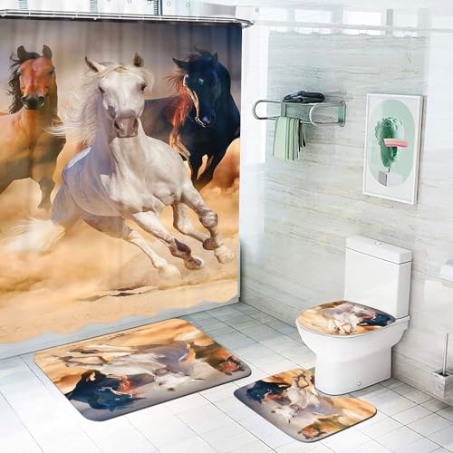 KARPIX Pferd Duschvorhang Galoppierende Pferde， Wasserdichtes Duschvorhang 4-teiliges Set Mit Fußmatten-Badunterlage, Toilettenunterlage 12 Haken (1,180x200cm) von KARPIX