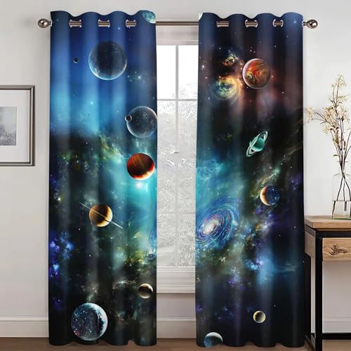 KARPIX Universum Planet Fenstervorhang Weltraum Sternenklar vorhänge Mit Ösen Blickdicht Gardine Für Kinder Und Jugendliche, 2 Paneele (1,150x166cm(2x75x166cm)) von KARPIX