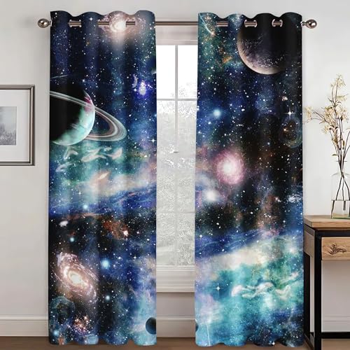 KARPIX Universum Planet Fenstervorhang Weltraum Sternenklar vorhänge Mit Ösen Blickdicht Gardine Für Kinder Und Jugendliche, 2 Paneele (10,100x140cm(2x50x140cm)) von KARPIX