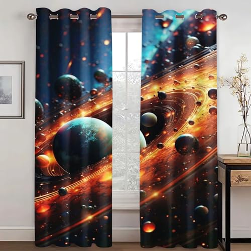 KARPIX Universum Planet Fenstervorhang Weltraum Sternenklar vorhänge Mit Ösen Blickdicht Gardine Für Kinder Und Jugendliche, 2 Paneele (2,150x166cm(2x75x166cm)) von KARPIX