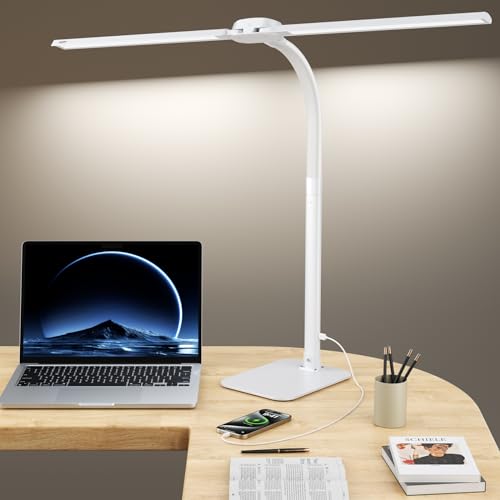 KARY Led Schreibtischlampe Dimmbar mit USB-Ladeanschluss und fuß, 24W Ultra Hell Doppelkopf tischlampe für Büro, Arbeit, Design,Lesen, Augenpflege Lampe mit Fernbedienung,weiss von KARY