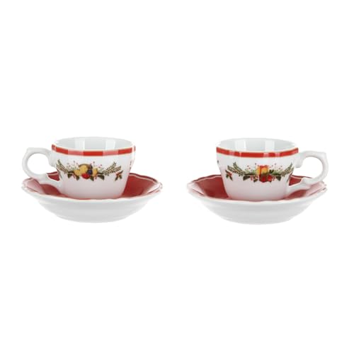 Generico 1 2er Set Nostalgie Kaffeetassen mit rotem Randteller, Porzellan von KASANOVA