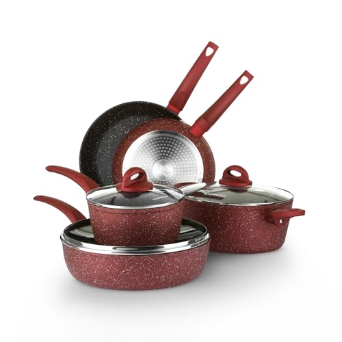 KASANOVA 8-teiliges Kochgeschirr-Set Traube rot. Hergestellt aus 3-lagig geschmiedetem, antihaftbeschichtetem Aluminium und Soft-Touch-Bakelit-Griffen von KASANOVA