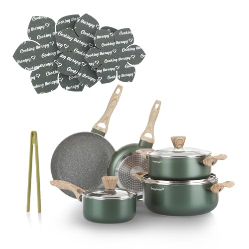 KASANOVA Kochgeschirr-Set Cooking Therapy – Induktionsgeeignetes Topf- und Pfannenset mit Pfannenwender, Komplettes Küchenset mit Lasergravur und Griffen in Holzoptik (12) von KASANOVA