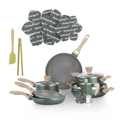 KASANOVA Kochgeschirr-Set Cooking Therapy – Induktionsgeeignetes Topf- und Pfannenset mit Pfannenwender, Komplettes Küchenset mit Lasergravur und Griffen in Holzoptik (16) von KASANOVA