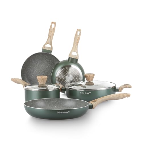 KASANOVA Kochgeschirr-Set Cooking Therapy – Induktionsgeeignetes Topf- und Pfannenset mit Pfannenwender, Komplettes Küchenset mit Lasergravur und Griffen in Holzoptik (7) von KASANOVA