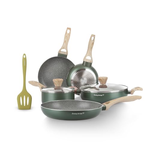 KASANOVA Kochgeschirr-Set Cooking Therapy – Induktionsgeeignetes Topf- und Pfannenset mit Pfannenwender, Komplettes Küchenset mit Lasergravur und Griffen in Holzoptik (8) von KASANOVA