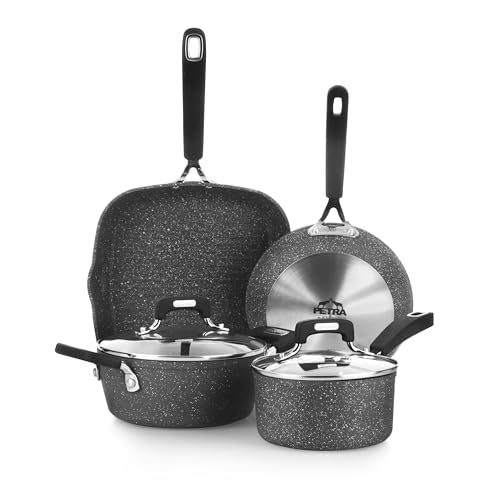 KASANOVA New Petra Dark Topf-Set – Töpfe und Pfannen für Induktion und Backofen bis 180°C, Antihaft-Kochgeschirr mit Griffschutz und Edelstahl-Löffel (6) von KASANOVA