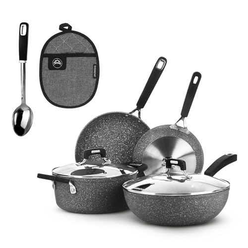 KASANOVA New Petra Dark Topf-Set – Töpfe und Pfannen für Induktion und Backofen bis 180°C, Antihaft-Kochgeschirr mit Griffschutz und Edelstahl-Löffel (8) von KASANOVA