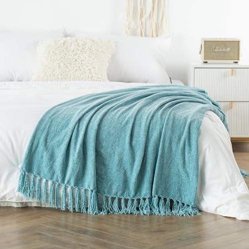 KASENTEX Weiche Überwurfdecke für Couch, Bett, Wohnzimmer, Chenille-Decke mit Fransenquaste, leichte dekorative Decken und Überwürfe, gemütliche, warme Decke für Damen und Herren, Blau, 152,4 x 203,2 von KASENTEX