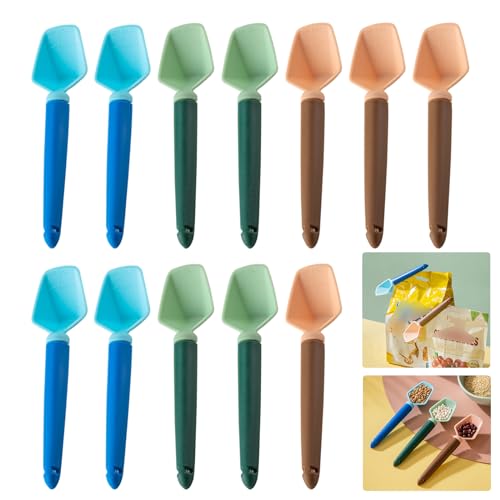 KASESSS 12 Stück Verschlussclips, Kunststoff Verschlussklammern, Wiederverwendbar Clips Für Tüten, Mehrere Farben Tütenclips Mit Messlöffel Gefrierbeutel Clips Für Kaffee Milchpulver Süßigkeit von KASESSS