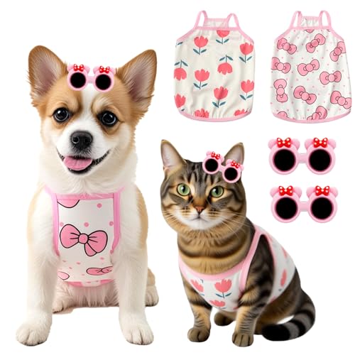 KASESSS 2 Stück Katzenbekleidung Schlinge, Hundekostüm Weiche, Sommer Katzen Kleidung, Hundekleidung Atmungsaktive, Hunde Klamotten für Small Haustier mit Sonnenbrille Haarclip (Rosa, Weiß, L) von KASESSS