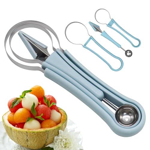 KASESSS 4 in 1 Melonenschneider, Multifunktional Melonenausstecher Kugeln, Edelstahl Obst Tranchiermesser, Cantaloupe Schäler, Kugeln Melonenlöffel, Samenentferner für Verschiedene Früchte(Blau) von KASESSS