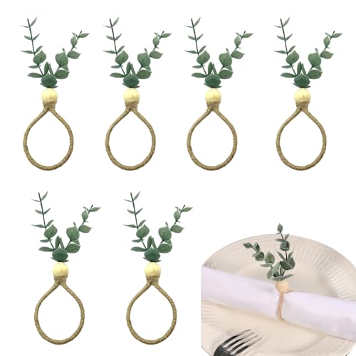 KASESSS 6 Stück Eukalyptus Serviettenringe, Serviettenhalter, Künstliche Blatt Serviettenringe, Elegante Servietten Ringe, Rustikale Serviettenring Bauernhausstil für Partys, Bankette und Abendessen von KASESSS