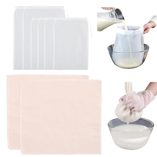 KASESSS 6 Stück Filterbeutel und 2 Passiertuch, Wiederverwendbar Käsetuch und Nussmilchbeutel, Cheesecloth Waschbar Abseihtuch 3 Größe Siebbeutel mit Kordelzug Brew Bag zum Abseihen Kochen Backen von KASESSS