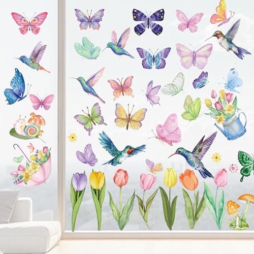 KASESSS 8 Blatt Fensterbilder Frühling, Bunte Fensteraufkleber Vogelschutz, Blumen Schmetterling Vogelschutz Aufkleber für Fenster Wiederverwendbar PVC Fenstersticker für Hause Shop Fensterdeko von KASESSS