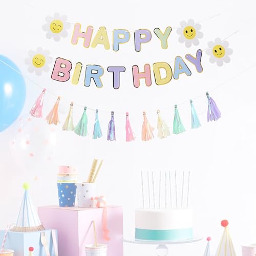KASESSS Bunte Margeriten Happy Birthday Girlande, Geburtstagsdeko Set, Deko Geburtstag, Happy Birthday Banner, Hängende Glänzend Quaste Girlande für Kinder, Erwachsene Verträumt Geburtstagsparty von KASESSS