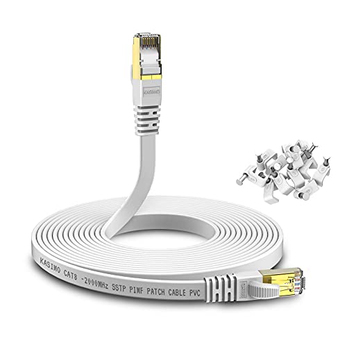 KASIMO CAT 8 Lan Kabel 50m Flach 40 Gbits / 2000MHz – Netzwerkkabel Cat 8 Gigabit - Ethernet Kabel mit vergoldetem RJ45 Patchkabel Weiß von KASIMO