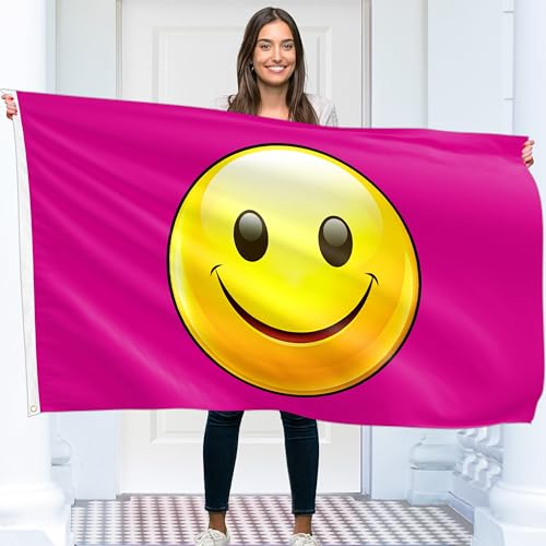 Pink Smiley Face Flag - Funny Flag - Smiley Face Banner - 110D Polyester - Double Seam - 4 Brass Eyelets, Large 1.5 m x 0.9 m Pink Smiley Face Flag - Funny Flag - Smiley Face Banner - 110D Polyester - Double Seam - 4 Brass Eyelets, Large 1.5 m x 0.9 m von KASKANA