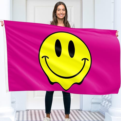 Pink Smiley Face Flag - Funny Flag - Smiley Face Banner - 110D Polyester - Double Seam - 4 Brass Eyelets, Large 1.5 m x 0.9 m von KASKANA