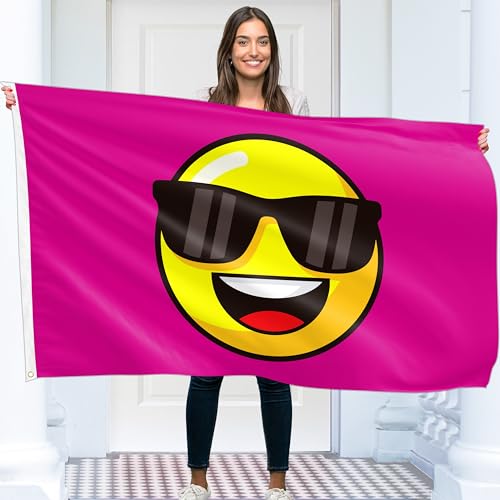 Pink Smiley Face Flag - Funny Flag - Smiley Face Sunglasses Banner - 110D Polyester - Double Seam - 4 Brass Eyelets, Large 1.5 m x 0.9 m von KASKANA