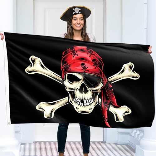 Pirate Flag – Jolly Roger Flag Red Bandana- Double-sided Print – 110Den polyester - Double Seam - 2 brass eyelets, large 5ft x 3ft von KASKANA