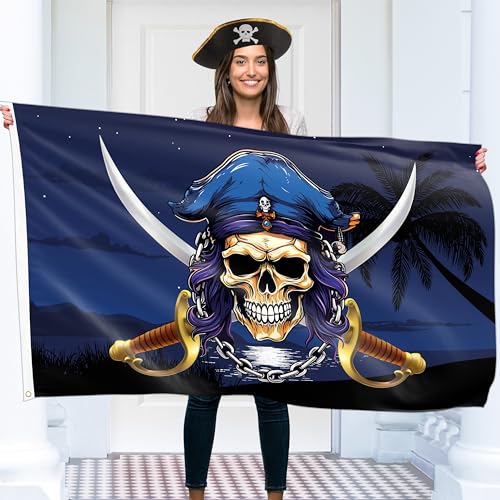 Pirate Flag – Jolly Roger Flag with Crossed Rapires - Double-sided Print – 110Den polyester - Double Seam - 2 brass eyelets, large 5ft x 3ft von KASKANA
