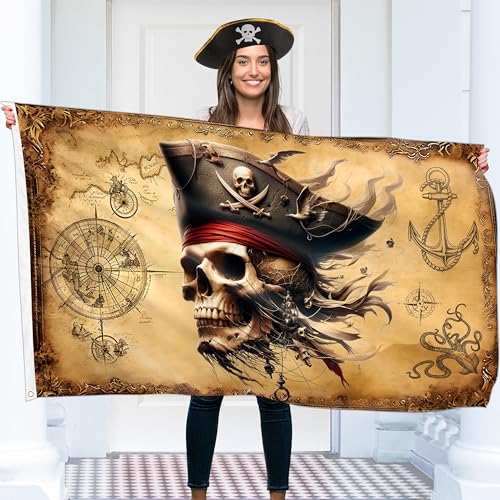 Pirate Flag – Jolly Roger Flag with Pirate Map - Double-sided Print – 110Den polyester - Double Seam - 2 brass eyelets, large 5ft x 3ft von KASKANA