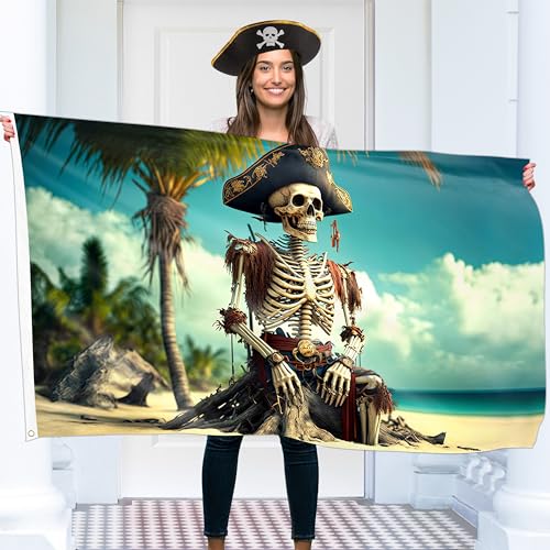 Pirate Flag – Jolly Roger Flag with Skeleton on the beach- Double-sided Print – 110Den polyester - Double Seam - 2 brass eyelets, large 5ft x 3ft von KASKANA