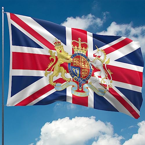 Union Jack Flagge - Britische Flagge - UK-Flagge mit königlichem Wappen - Doppelseitiger Digitaldruck - 110Den Dickes Polyester - Doppelnaht - 2 Messingösen, Groß 1,5 m x 0,9 m von KASKANA