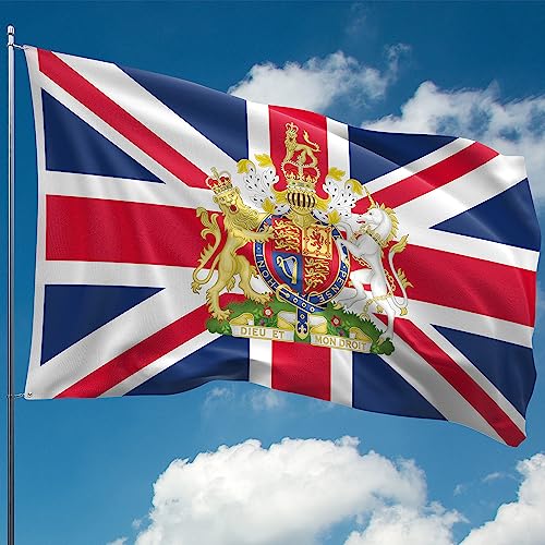 Union Jack Flagge - Britische Flagge - UK-Flagge mit königlichem Wappen - Doppelseitiger Digitaldruck - 110Den Dickes Polyester - Doppelnaht - 2 Messingösen, Groß 1,5 m x 0,9 m von KASKANA