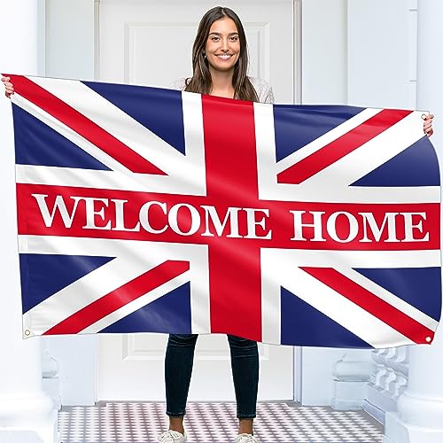 Welcome Home Banner – Welcome Back Banner Union Jack – Welcome Home Dekorationen – 1,5 m x 0,9 m lebendiger Digitaldruck – 110den dickes Polyester – Doppelnaht (weiß) von KASKANA