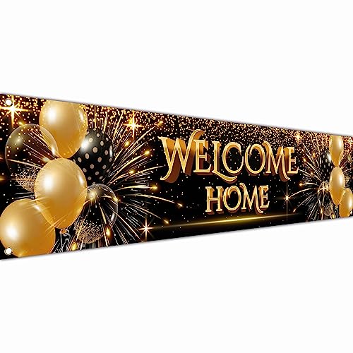 Willkommen Home Banner – Welcome Home Dekorationen – Welcome Back Banner – 180 x 40 cm mit Bild von Welcome Home Balloon – We Missed You Banner (Schwarz und Gold) von KASKANA
