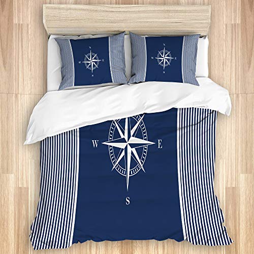 KASMILN Bettwäsche Set,Navy Anchors Blue Nautical Striped mit Star White,1 Bettbezug 135x200cm+2 Kopfkissenbezug 50x80cm von KASMILN