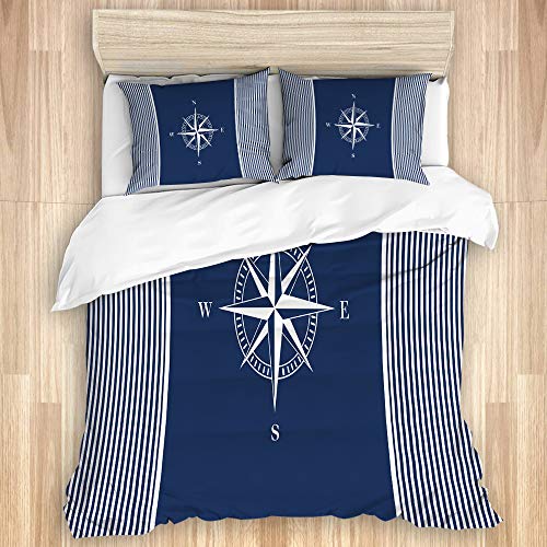 KASMILN Bettwäsche Set,Navy Anchors Blue Nautical Striped mit Star White,1 Bettbezug 200x200cm+2 Kopfkissenbezug 50x80cm von KASMILN