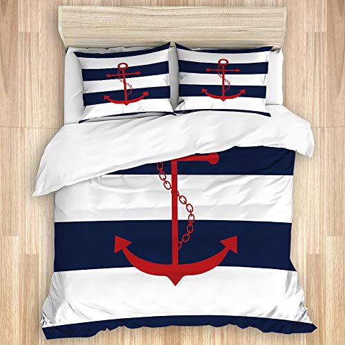 KASMILN Bettwäsche Set,Roter Anker nautischdruck auf Marine Blau und Weiß Streifen,1 Bettbezug 135x200cm+2 Kopfkissenbezug 50x80cm von KASMILN