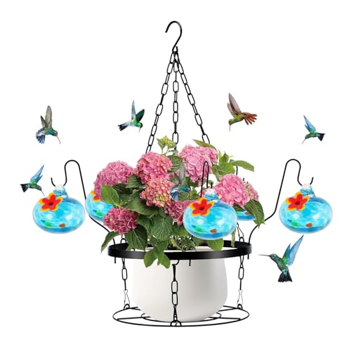 KASNLSAC Red Silicon Blume Hummingbird Feeder Hand geblasenes Glas mit einfachem Installationsdesign 2-in-1-Hänge-Metall-Pflanzerhalter enthält 6 kleine Feeder für A von KASNLSAC