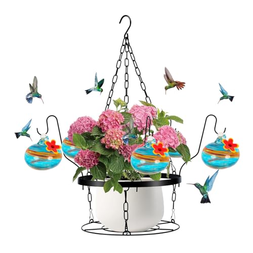 KASNLSAC Red Silicon Blume Hummingbird Feeder Hand geblasenes Glas mit einfachem Installationsdesign 2-in-1-Hänge-Metall-Pflanzerhalter enthält 6 kleine Feeder für B von KASNLSAC