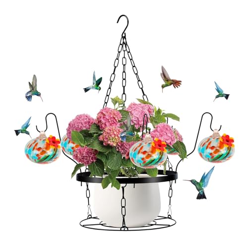 KASNLSAC Red Silicon Blume Hummingbird Feeder Hand geblasenes Glas mit einfachem Installationsdesign 2-in-1-Hänge-Metall-Pflanzerhalter enthält 6 kleine Feeder für F von KASNLSAC