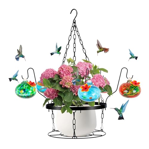 KASNLSAC Red Silicon Blume Hummingbird Feeder Hand geblasenes Glas mit einfachem Installationsdesign 2-in-1-Hänge-Metall-Pflanzerhalter enthält 6 kleine Feeder für G von KASNLSAC