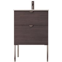 Badezimmermöbel Smug 60x90x45 cm in dunkler Eiche mit Keramikwaschbecken, dekorativen Beinen und Soft-Close – Kassia von KASSIA