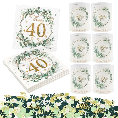 KASURE 20 Stück Servietten 40 Geburtstag Eukalyptus, 10 Stück Windlicht Tischdeko 40 Geburtstag, 100 Stück Konfetti 40 Geburtstag Deko GrünServietten Schön Dass Du Da Bist,Deko 40 Geburtstag Frau Mann von KASURE