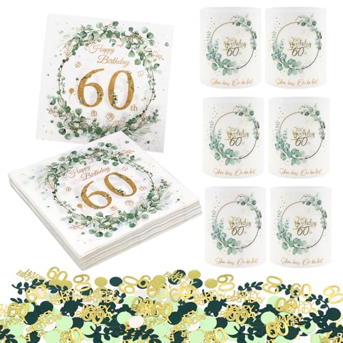 KASURE 20 Stück Servietten 60 Geburtstag Eukalyptus, 10 Stück Windlicht Tischdeko 60 Geburtstag, 100 Stück Konfetti 60 Geburtstag Deko GrünServietten Schön Dass Du Da Bist,Deko 60 Geburtstag Frau Mann von KASURE