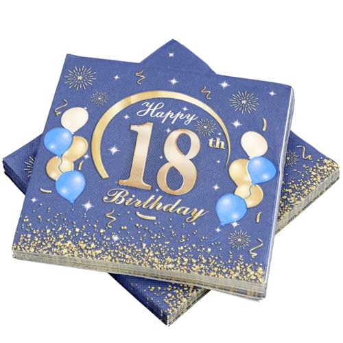 KASURE 50 Stück Deko 18. Geburtstag Servietten Mit Happy Birthday Konfetti, 33x33cm 18. Geburtstagsdeko Servietten Für Geburtstagsfeier, Blau & Gold von KASURE